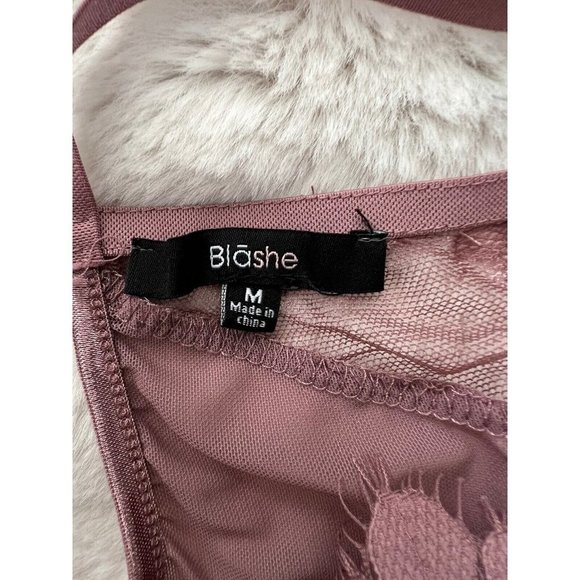 BLASHE Lace Bustier Bodysuit Rose Pink Medium Semi Sheer Lace Thong - Picture 3 of 5